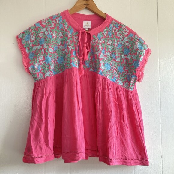 J Marie Top Embroiderd Gauze Flowy Smock Rayon Festival Pink Boho Hippie Sz M - Picture 1 of 12